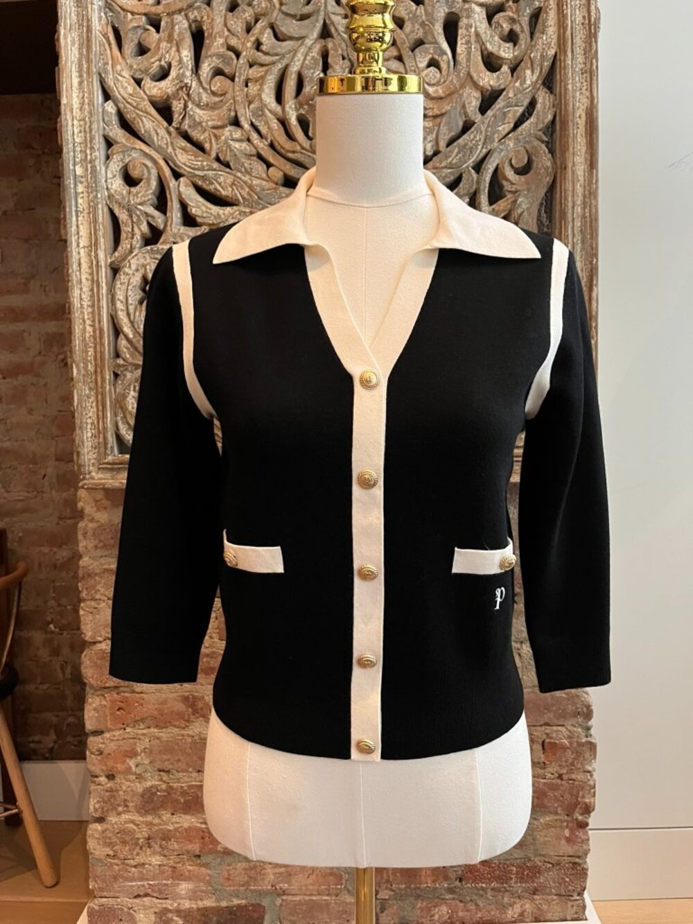 PORTS Luxury Knit Contrast Trim Button-Up Cardigan Jacket - Black/Ivory - Size X